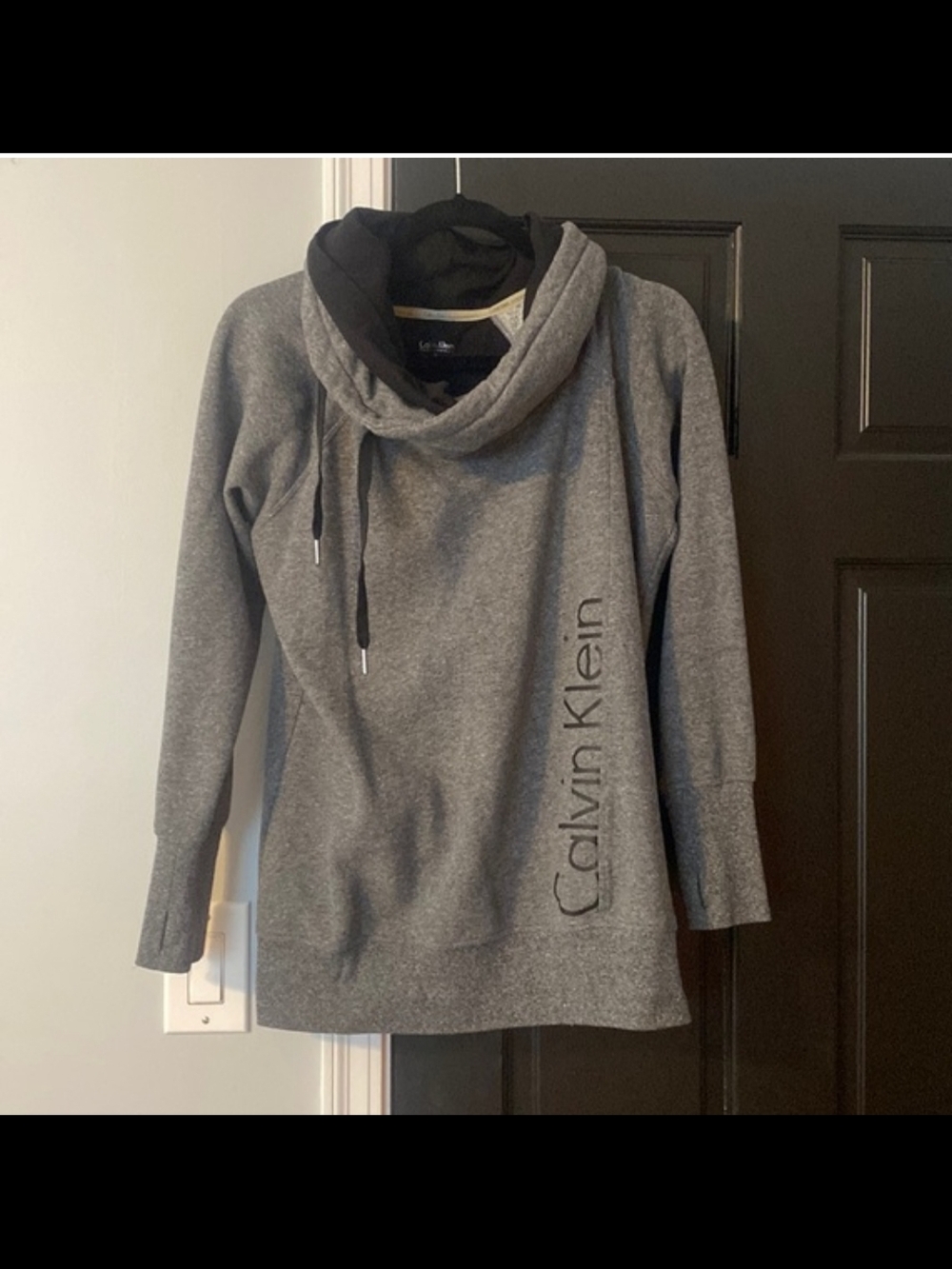 Calvin Klein Gray Funnel Cowl Neck Sweater with Drawstring